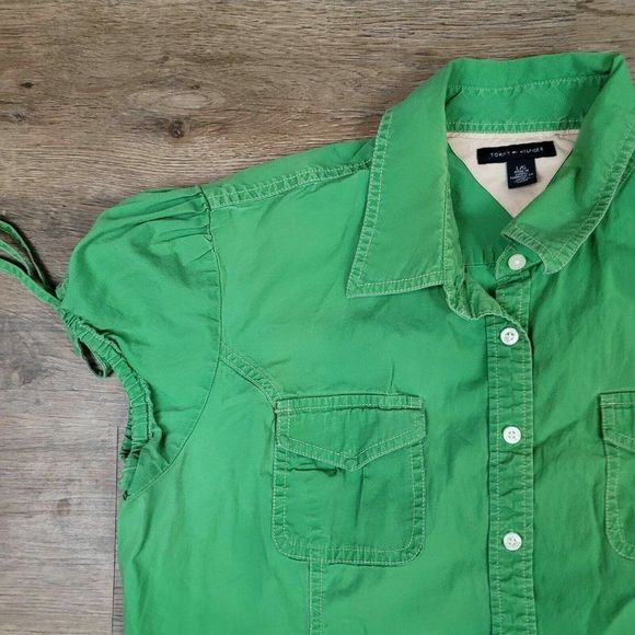 Tommy Hilfiger T-Shirt Button Up Green Solid Polo Shirt Short Sleeve 90s Y2K L - Picture 3 of 8